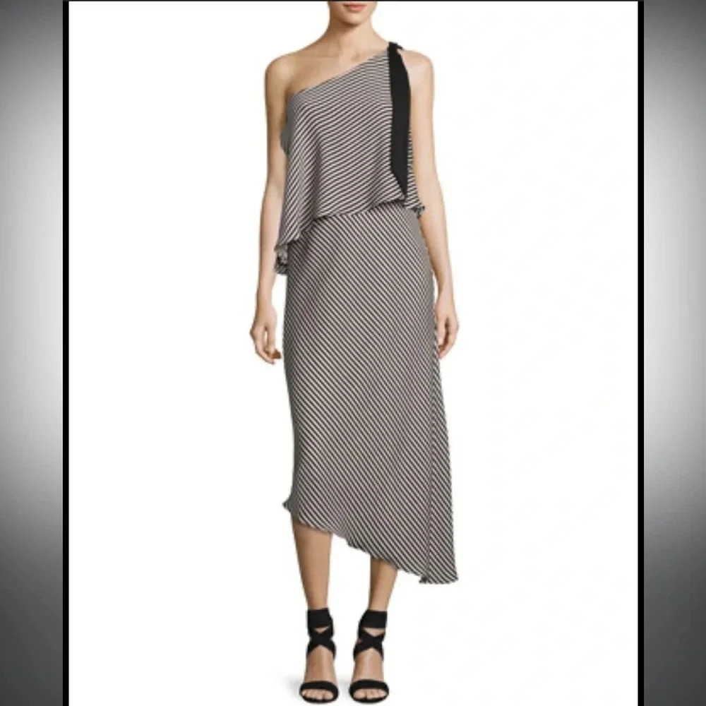 J3. Halston Heritage Striped One-Shoulder Asymmetric Cocktail Dress, Black/White - Picture 2 of 10